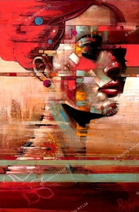 Woman with red hair and red lipstick, eyes closed, face broken into bold geometric shapes and vibrant red tones — Terry Bradley painting